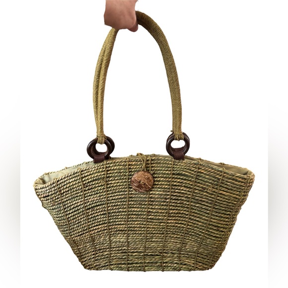 Handbags - 80s WOVEN STRAW OLIVE GREEN TAPERED TOTE BAG W ROPE HANDLE & WOODEN ACCENTS 19"W